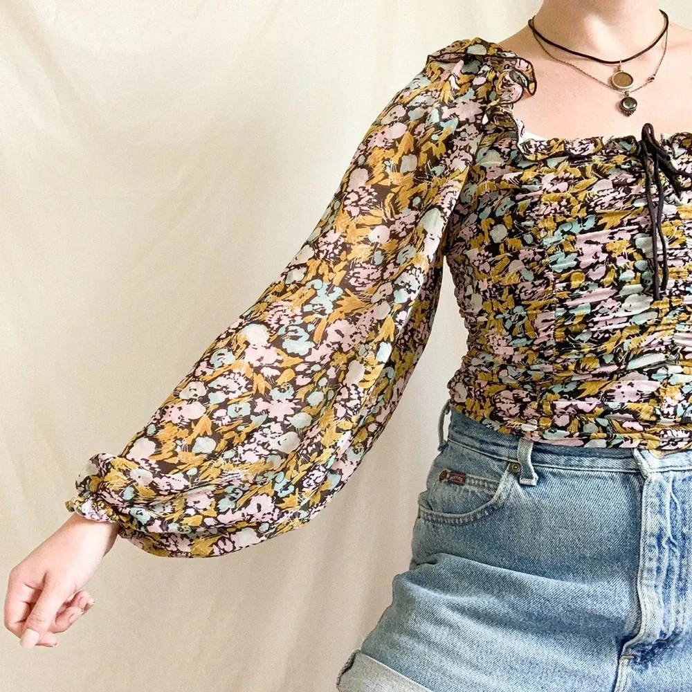 Free People Mabel Printed Ruffle Tie-Front Open-Back Floral Blouse Size Large